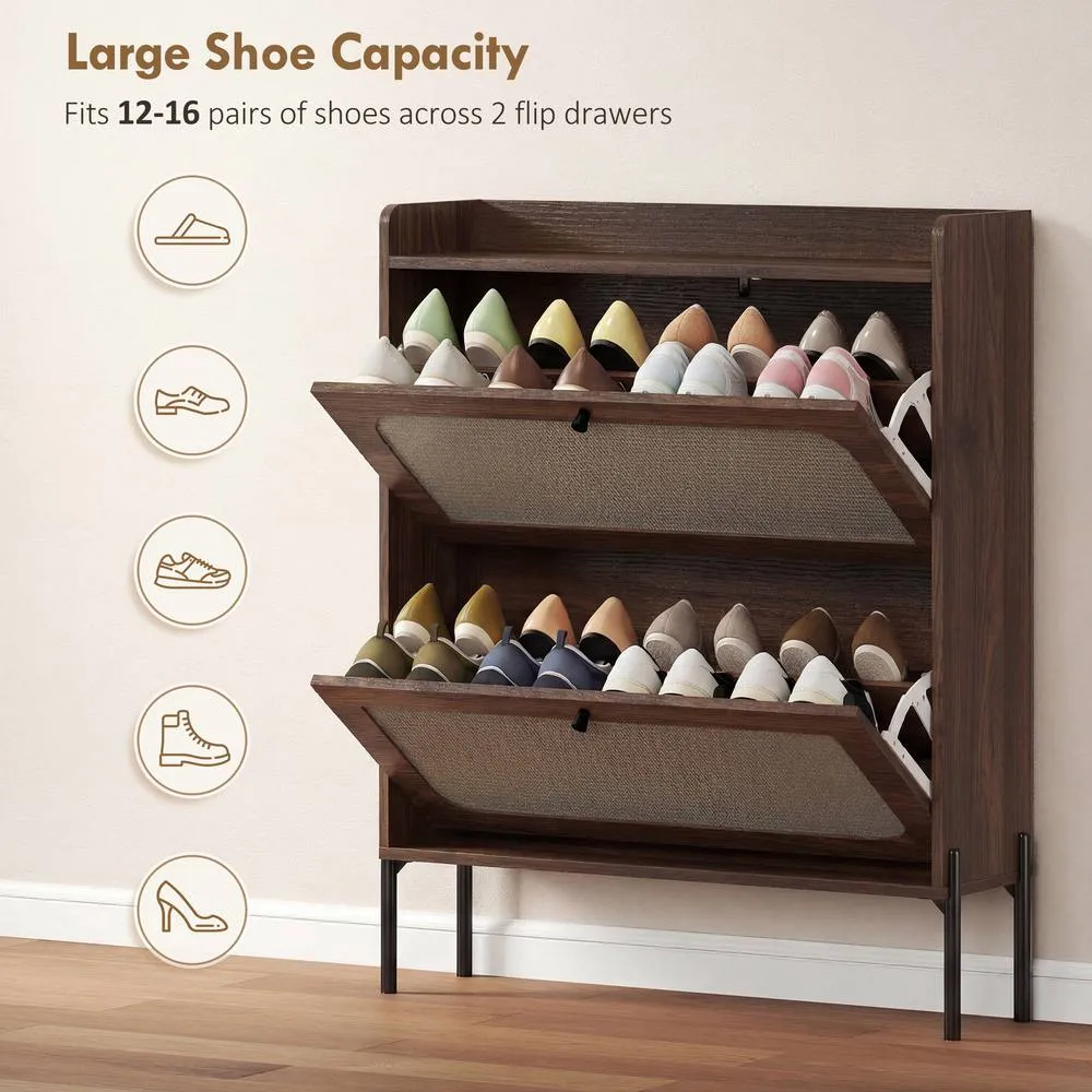 HOMCOM Boho Narrow Shoe Cabinet, Shoe Rack with 2 Flip Drawers in Dark Brown 5