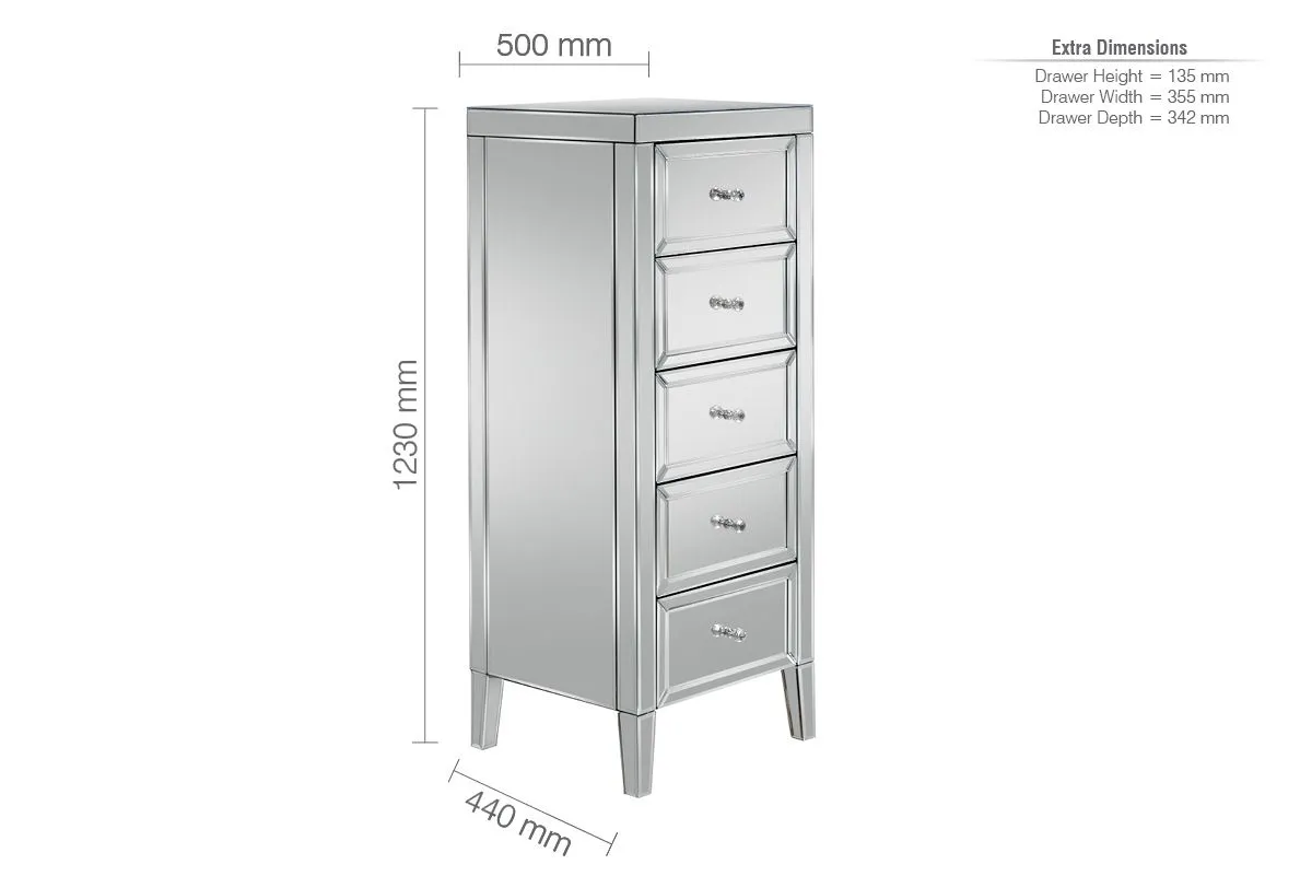Birlea Valencia 5 Drawer Narrow Chest Mirrored in Silver 6