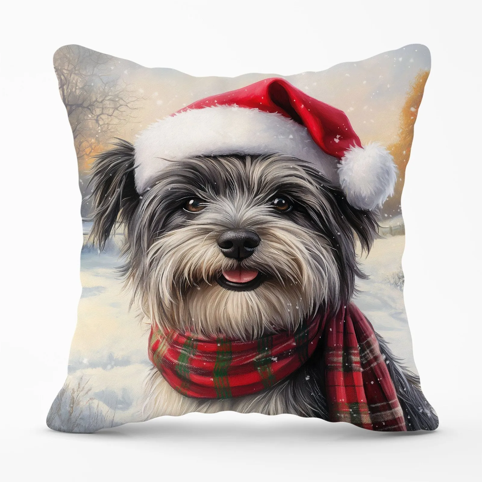 Warren Reed - Designer Snowy Christmas Skye Terrier Cushion in Grey