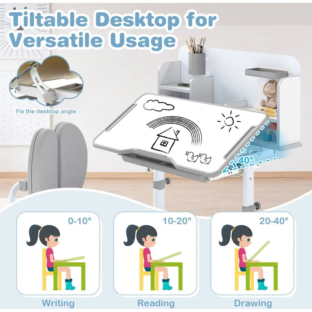 Costway Kid's Study Desk & Chair Set Adjustable Desk-Grey in Grey 4