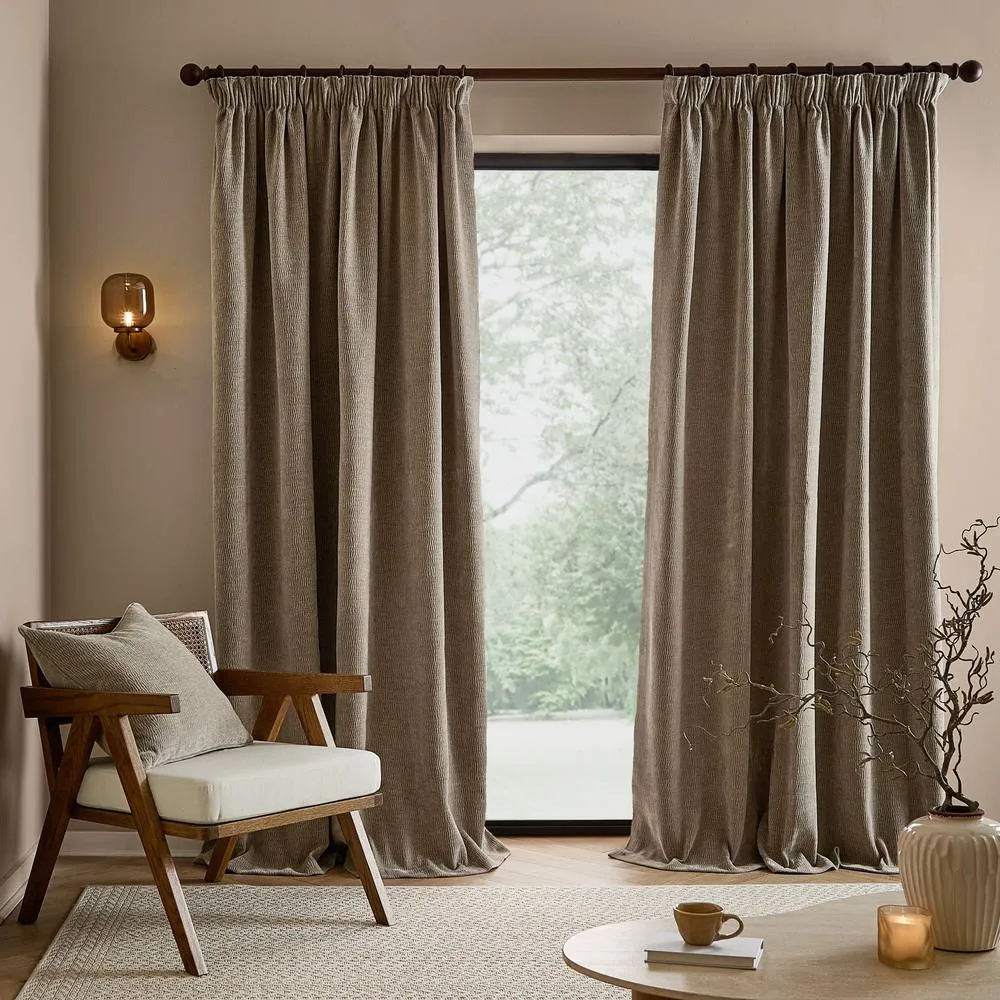 Yard Heath Washed Velvet Fully Lined Pencil Pleat Curtain Pair in Beige 4