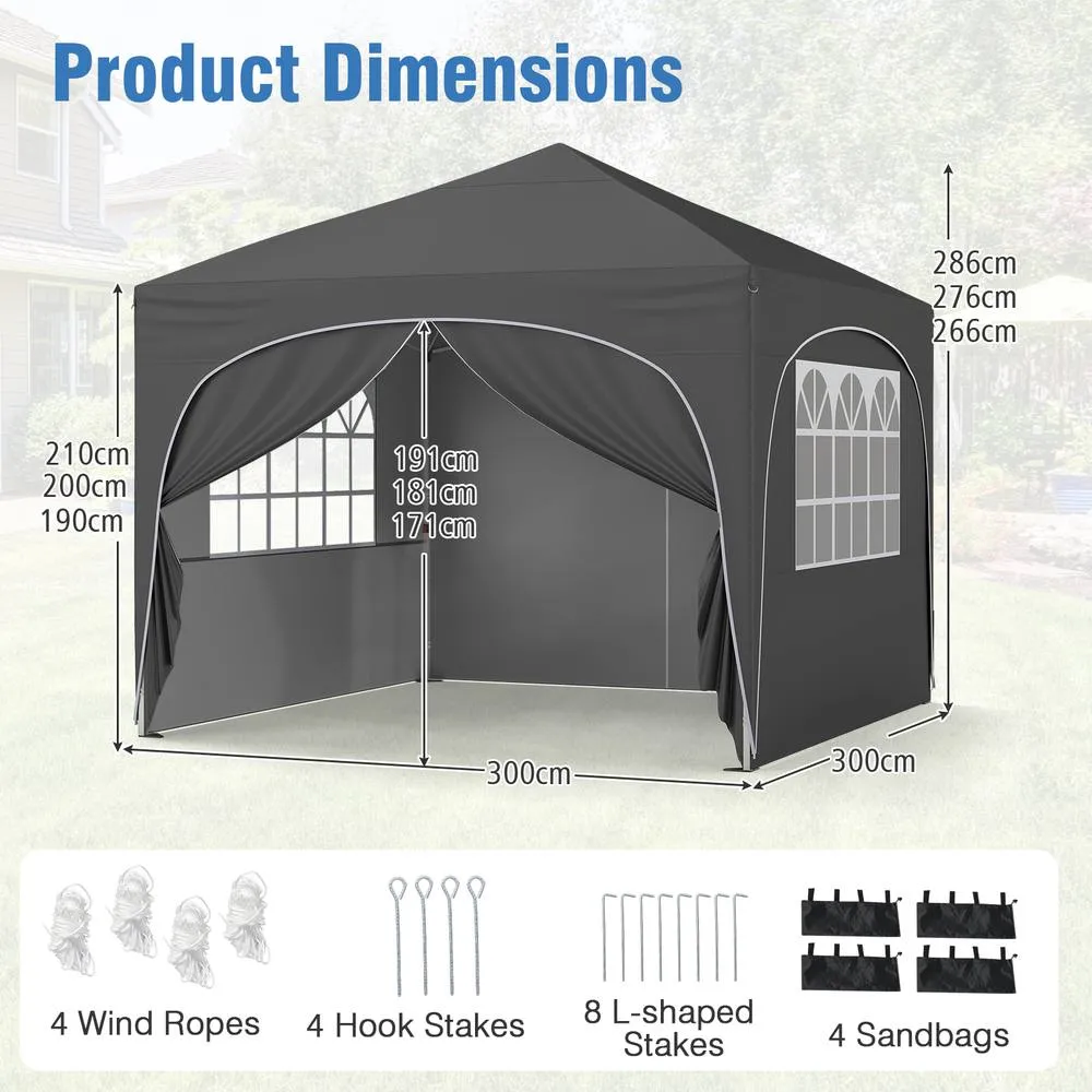 Costway 300x300cm Pop up Canopy Tent Portable Foldable Beach Sun Shelter in Grey 2