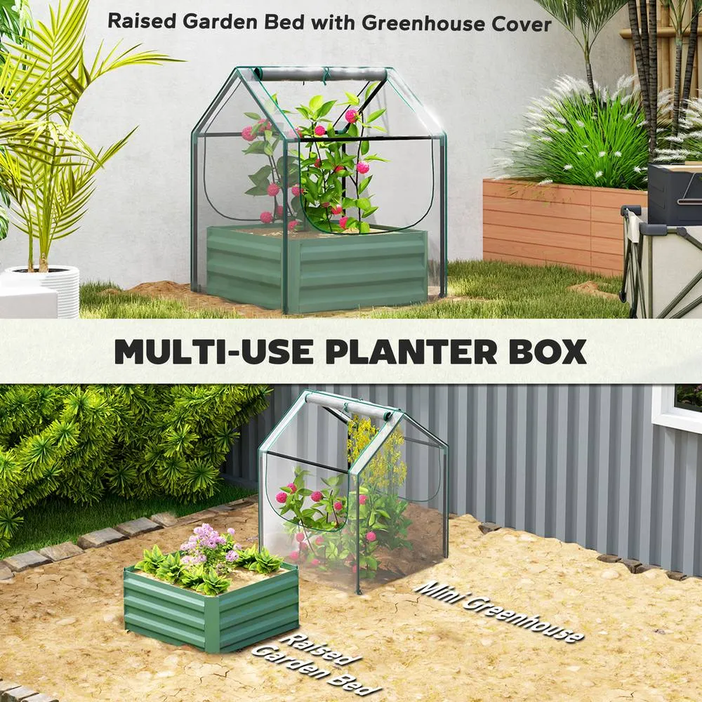 OUTSUNNY Raised Garden Bed with Greenhouse, Planter Box with Cover, Clear & Green 4