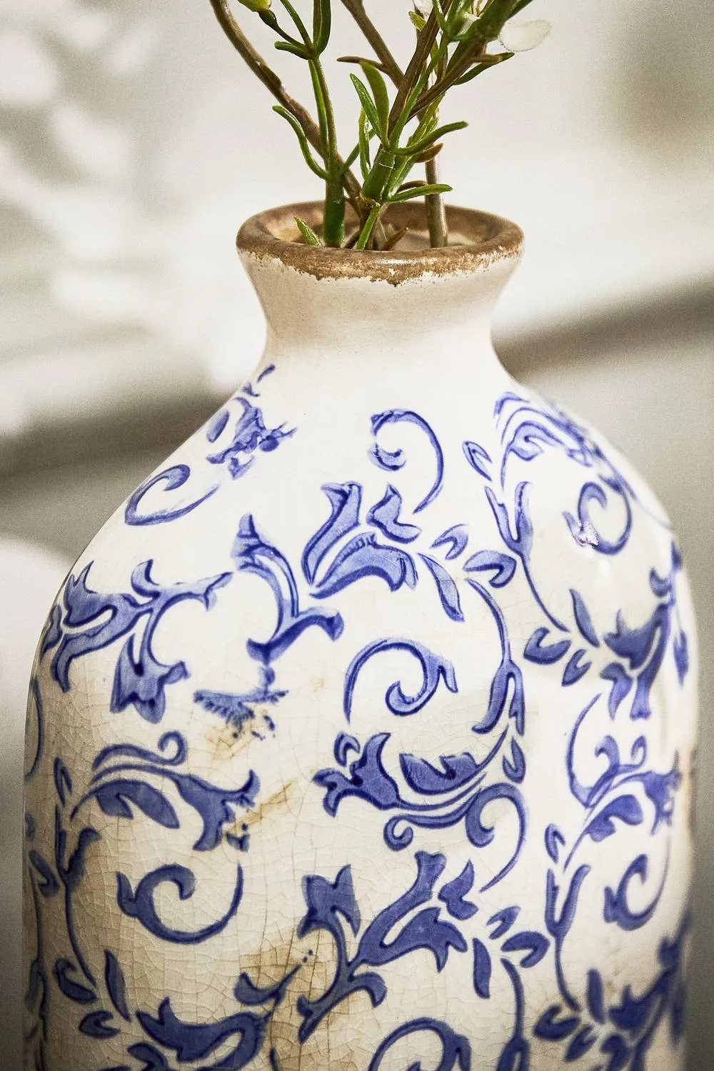 Dibor Vintage Luxury Solene Blue Botanical Bottle Vase H31 x W14cm in Cream 2