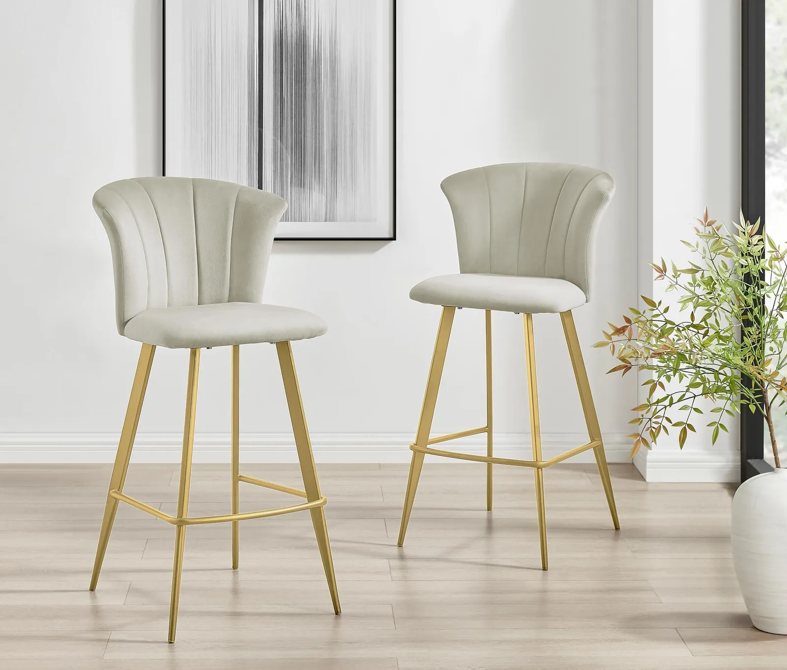 FurnitureboxUK Set of 2 Juniper Soft Touch Velvet Fluted Art Deco Counter Stools With Gold Chrome Metal Legs in Beige 2