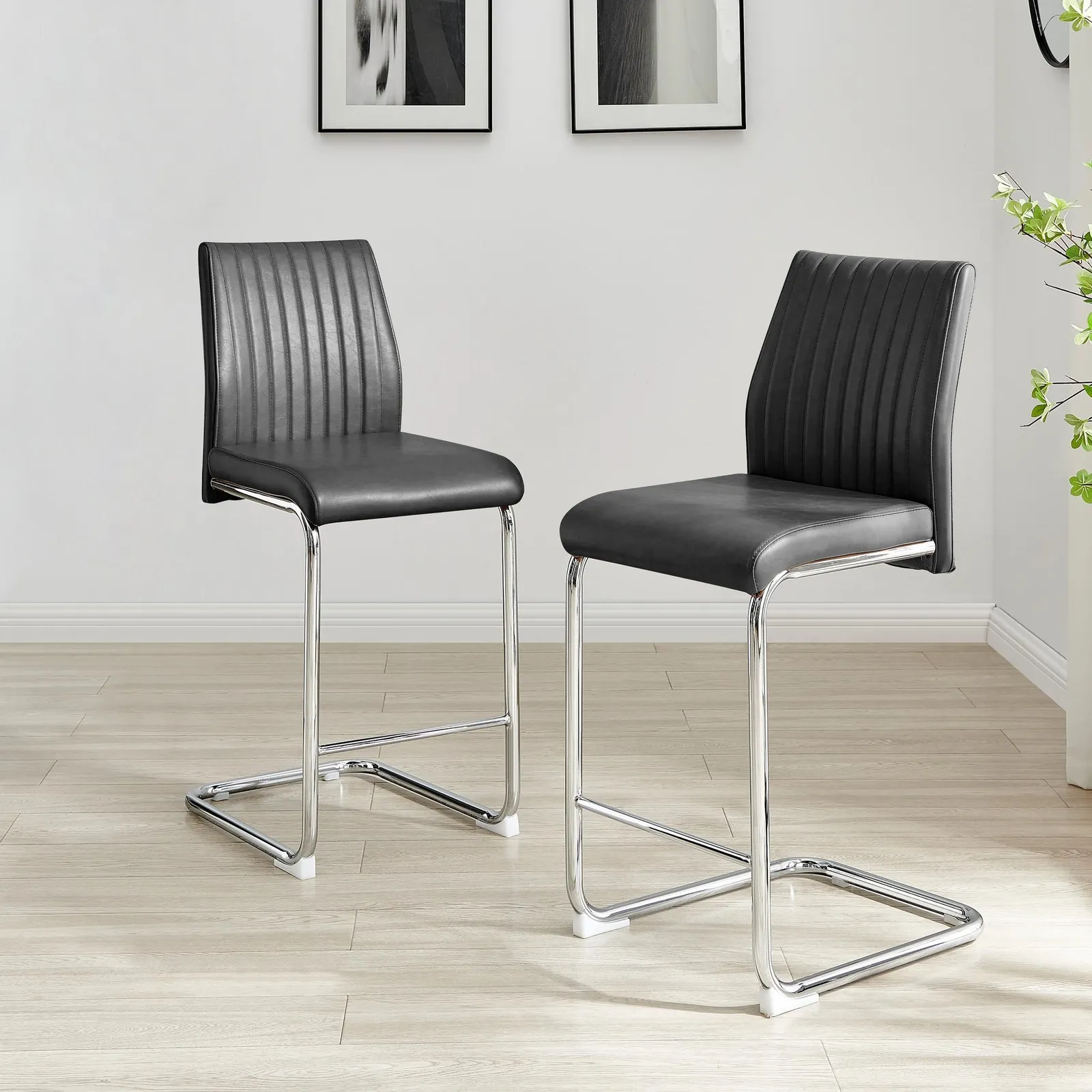 FurnitureboxUK Lorenzo 2x Faux Leather & Silver Counter Stools in Black 2