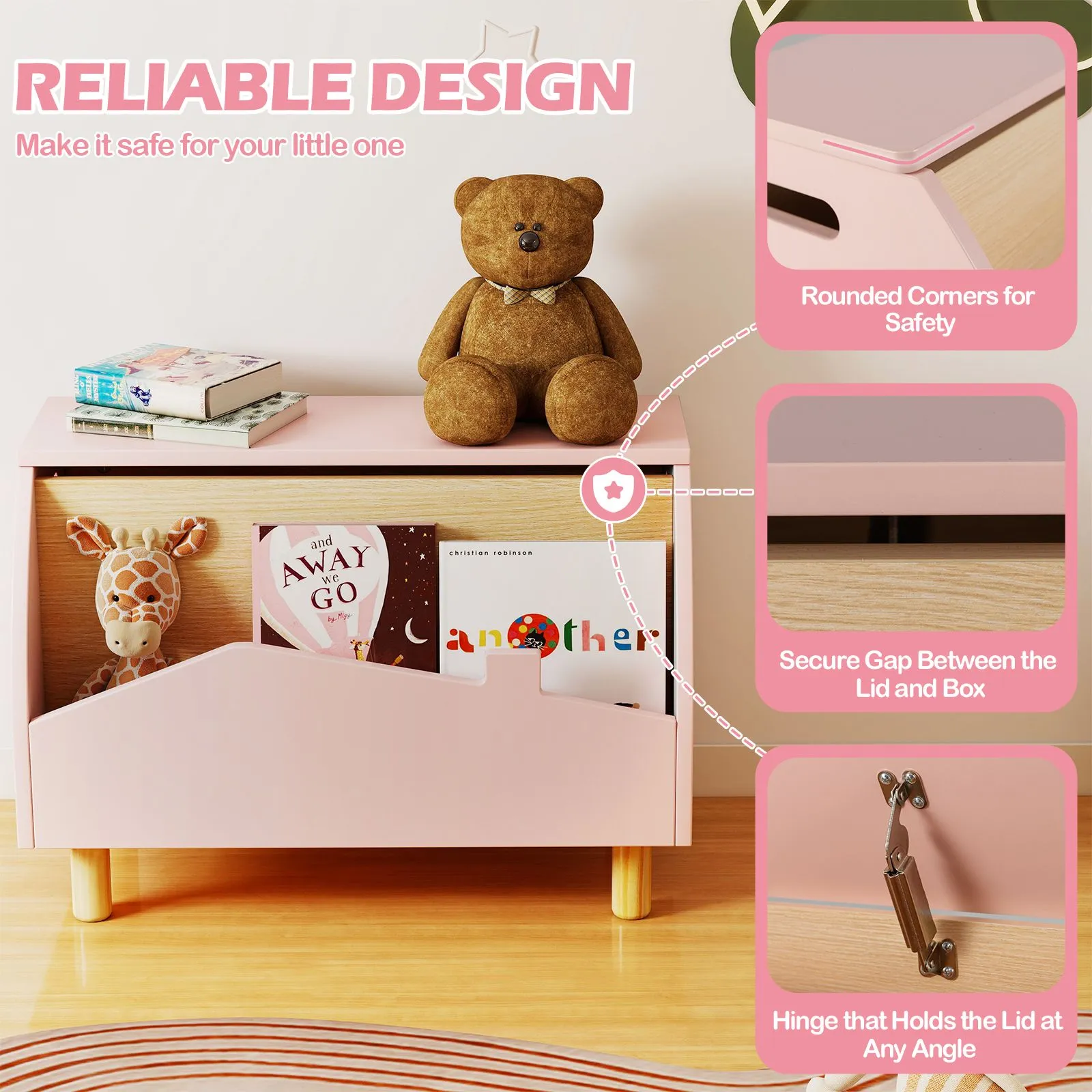 Costway Toy Storage Chest Bookcase Wooden Toy Box w/ Shelf in Pink 4