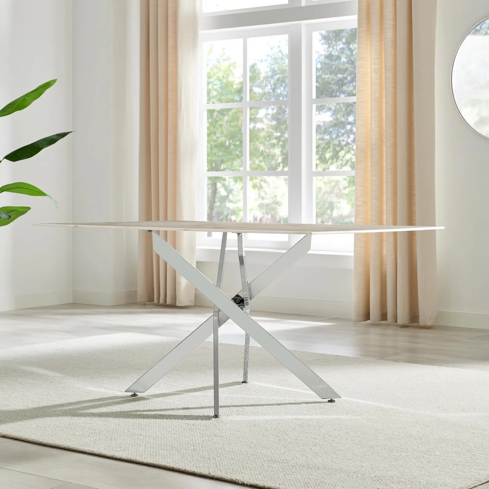 FurnitureboxUK Leonardo 6-Seater Dining Table With Marble Effect Glass Top & Silver Metal Legs in White 3