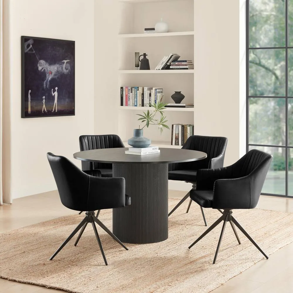 FurnitureboxUK Penrose Black Round Dining Table & 4 Calla Faux Leather Swivel Chairs 1
