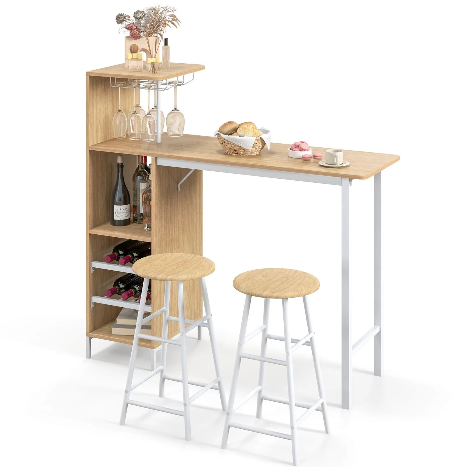 Costway 3PCS Bar Table Chair Set Industrial Dining Table Stools w/ Glass Holders & Wine Racks in Brown