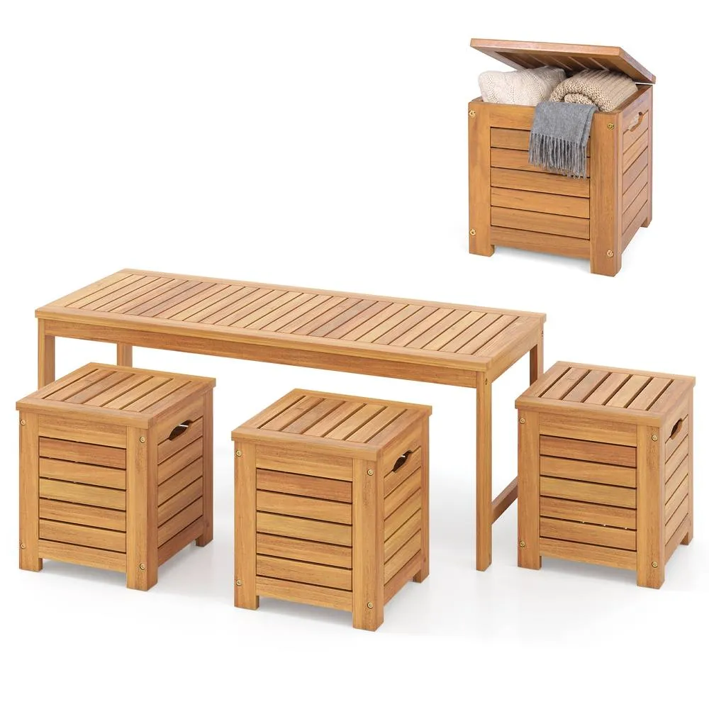 Costway 4PCS Outdoor Bench &Storage Box Set Acacia Wood Patio Bench&Deck Boxes in Natural 2