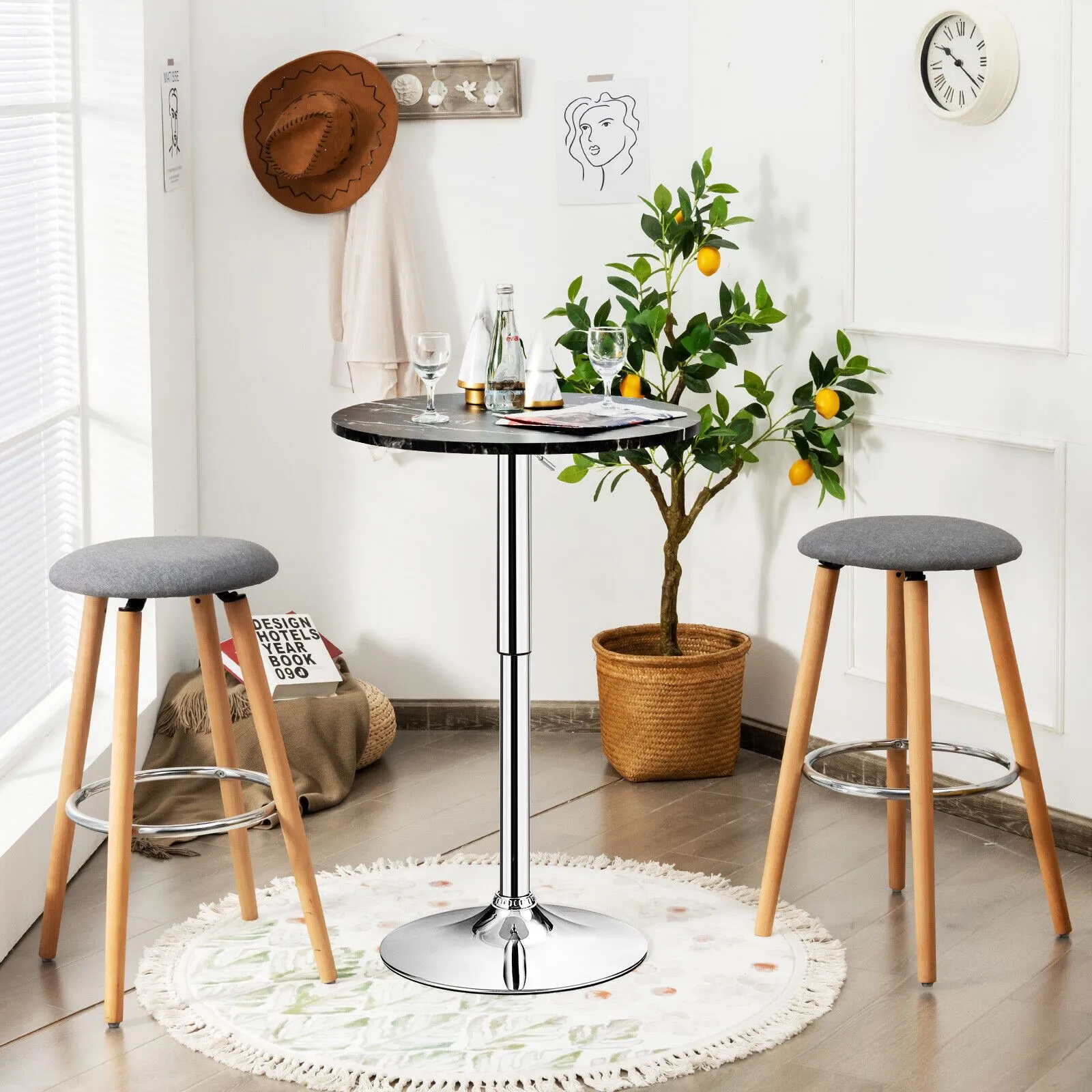 Costway 2Pcs Modern Bar Table Multifunctional Round Pub Table in Black 4