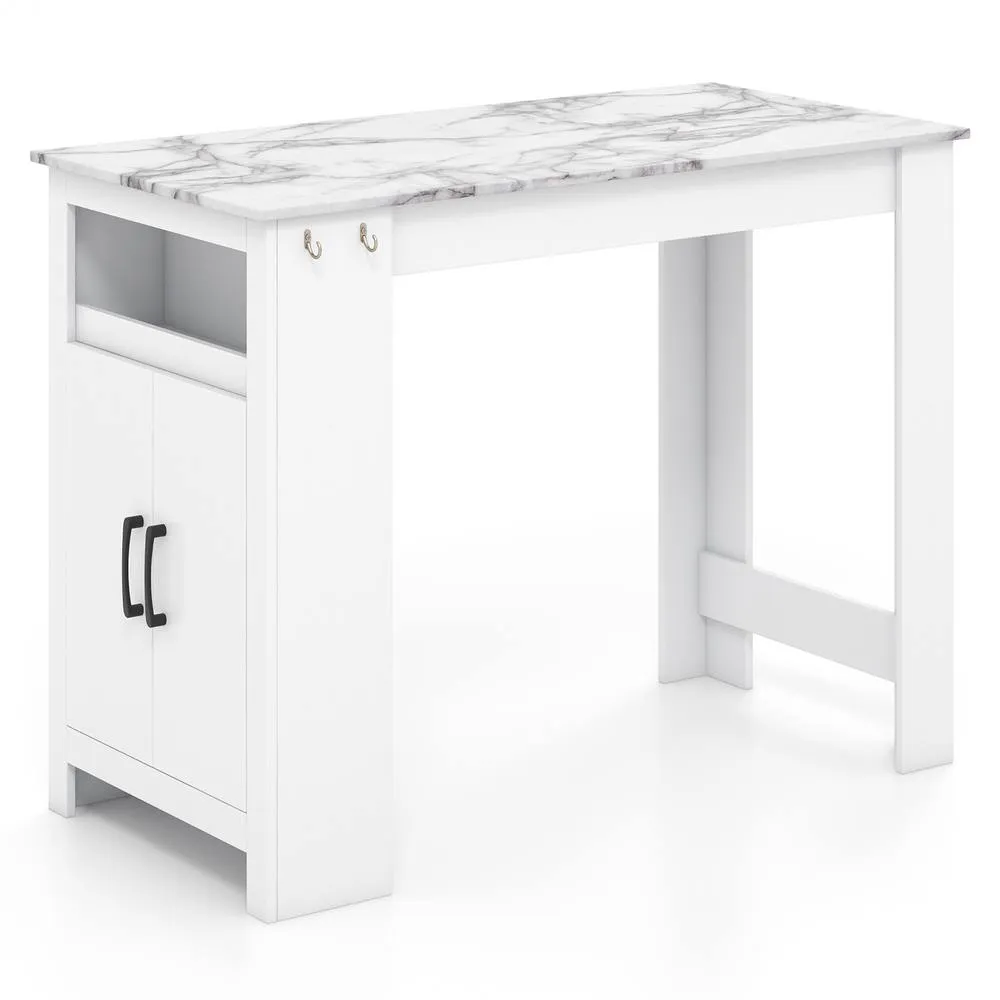 Costway Faux Marble Bar Table Pub Table w/Hooks & Cabinet Kitchen Dining Table in White 2