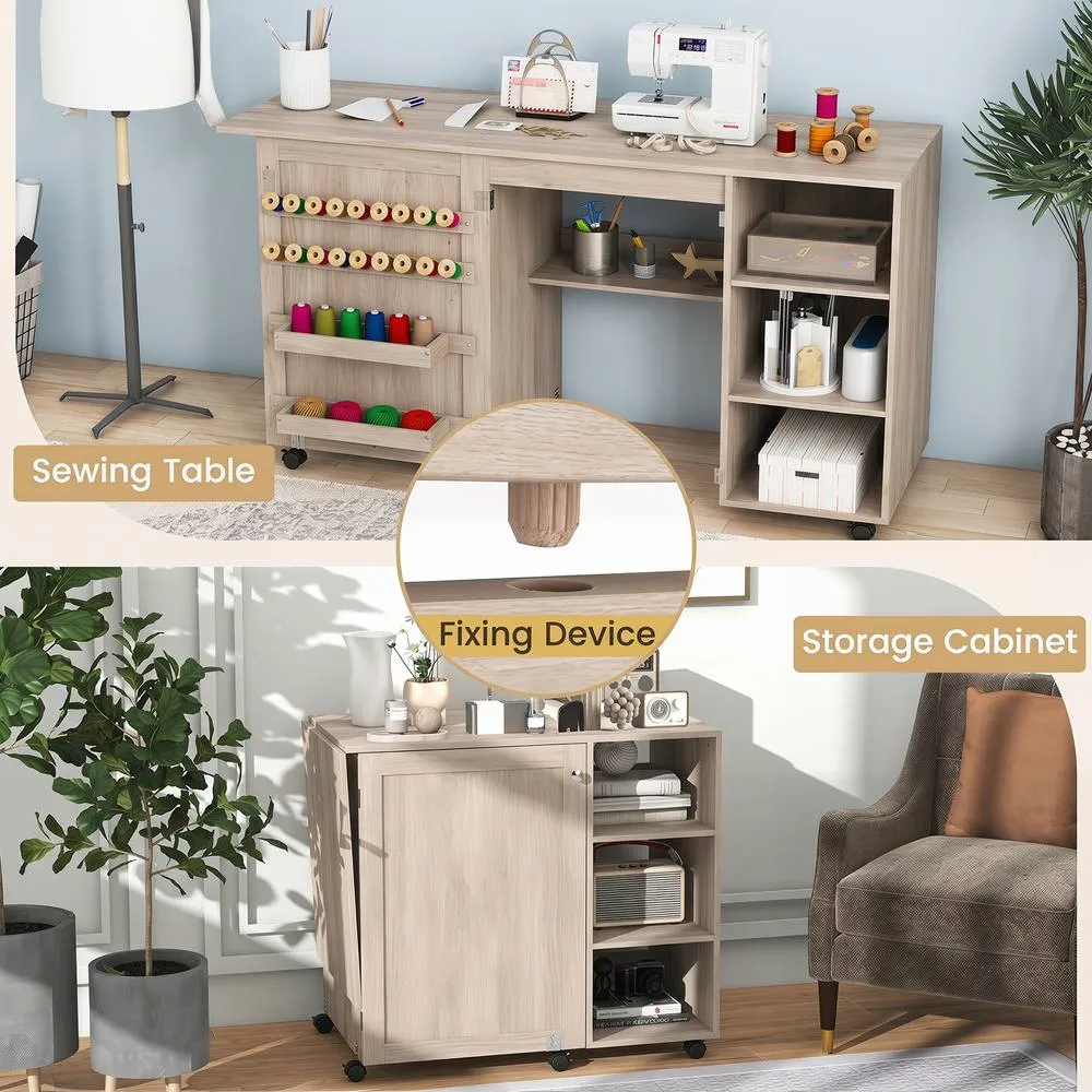 Costway Folding Sewing Table Rolling Sewing Machine Craft Station w/18 Pegs in Natural 5