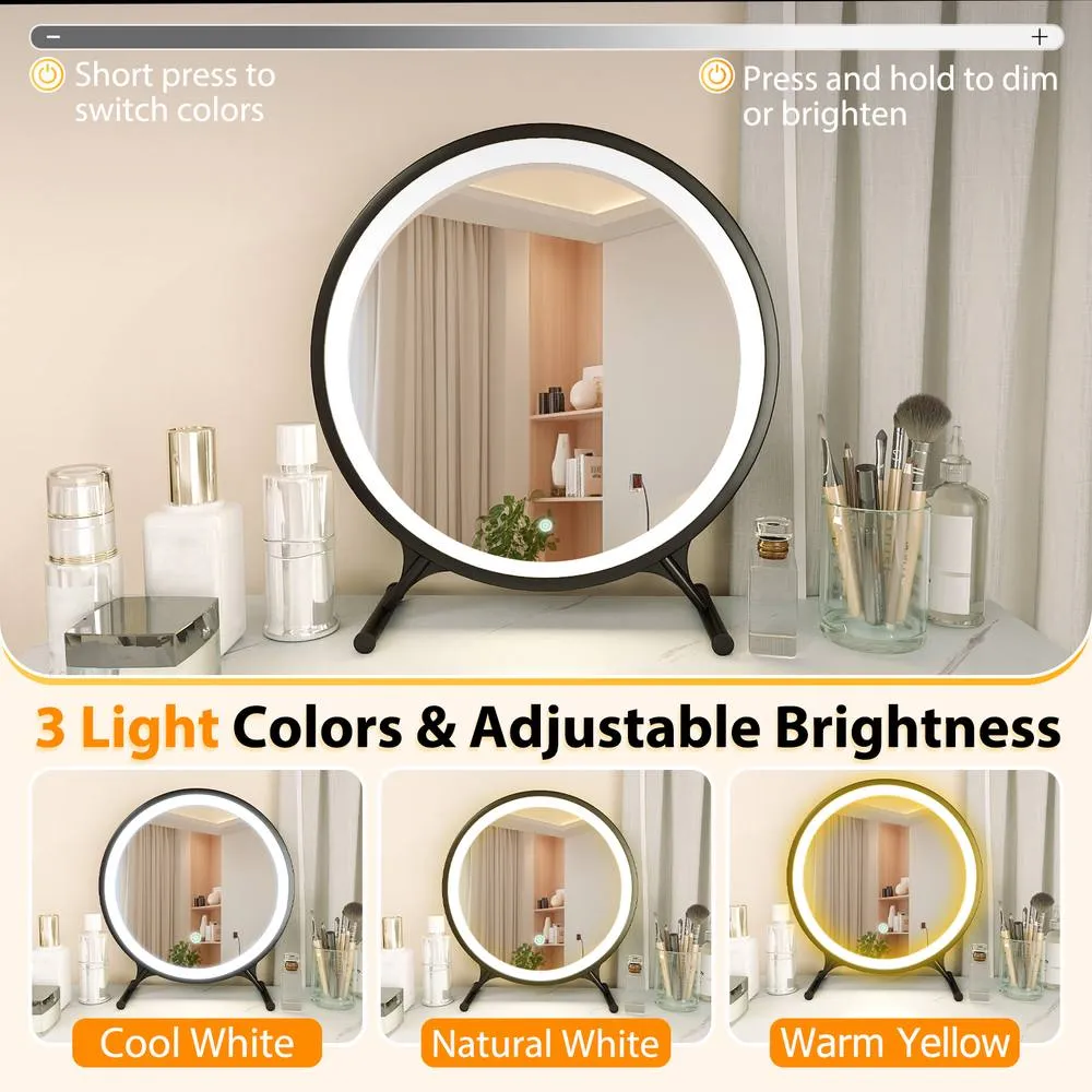 Costway Modern Vanity Desk w/Stool Makeup Vanity Set w/Mirror & 3 Modes Lights in White 3
