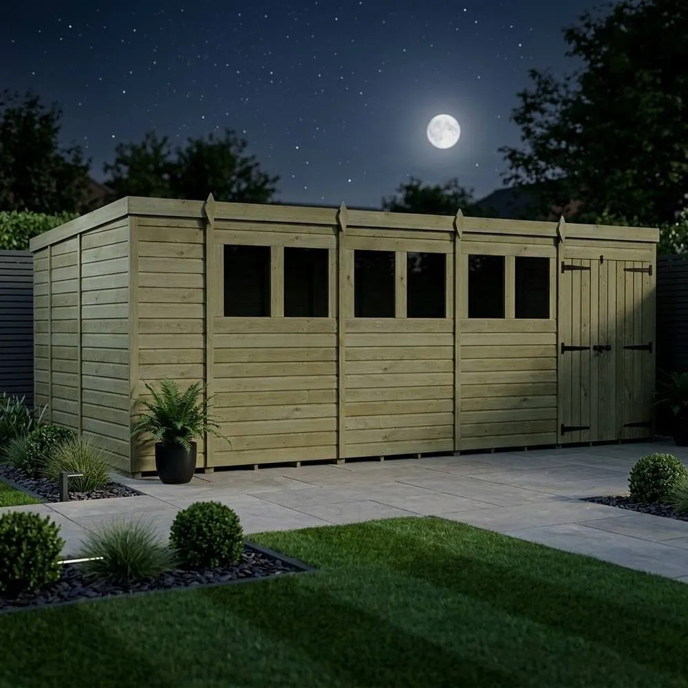 Buttercup Farm 18ft x 9ft Pent Garden Shed Double Door With Windows - Timber in Brown 3