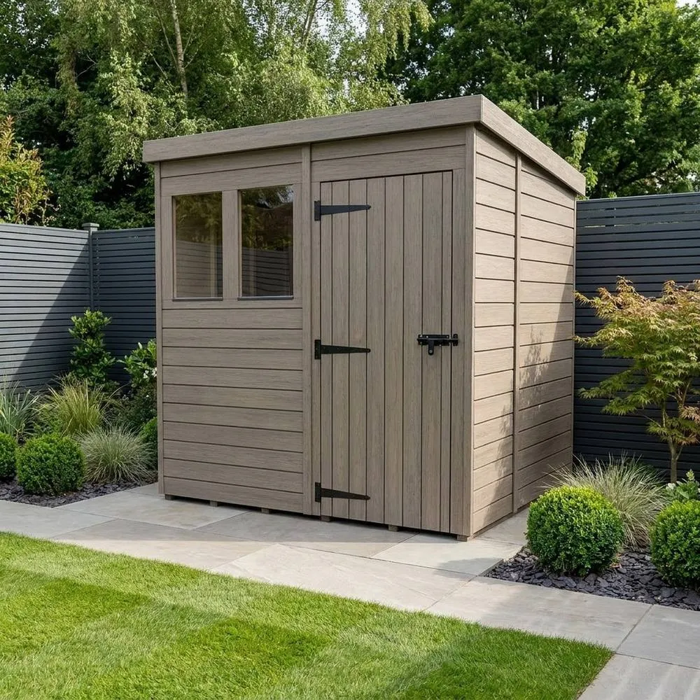 Buttercup Farm 8ft x 10ft Composite Pent Garden Shed Single Door With Windows - Grey 2