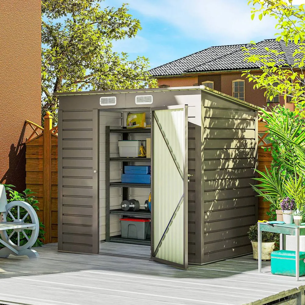 OUTSUNNY 6 x 4FT Galvanised Metal Garden Shed with Lockable Door, Grey in Light Grey