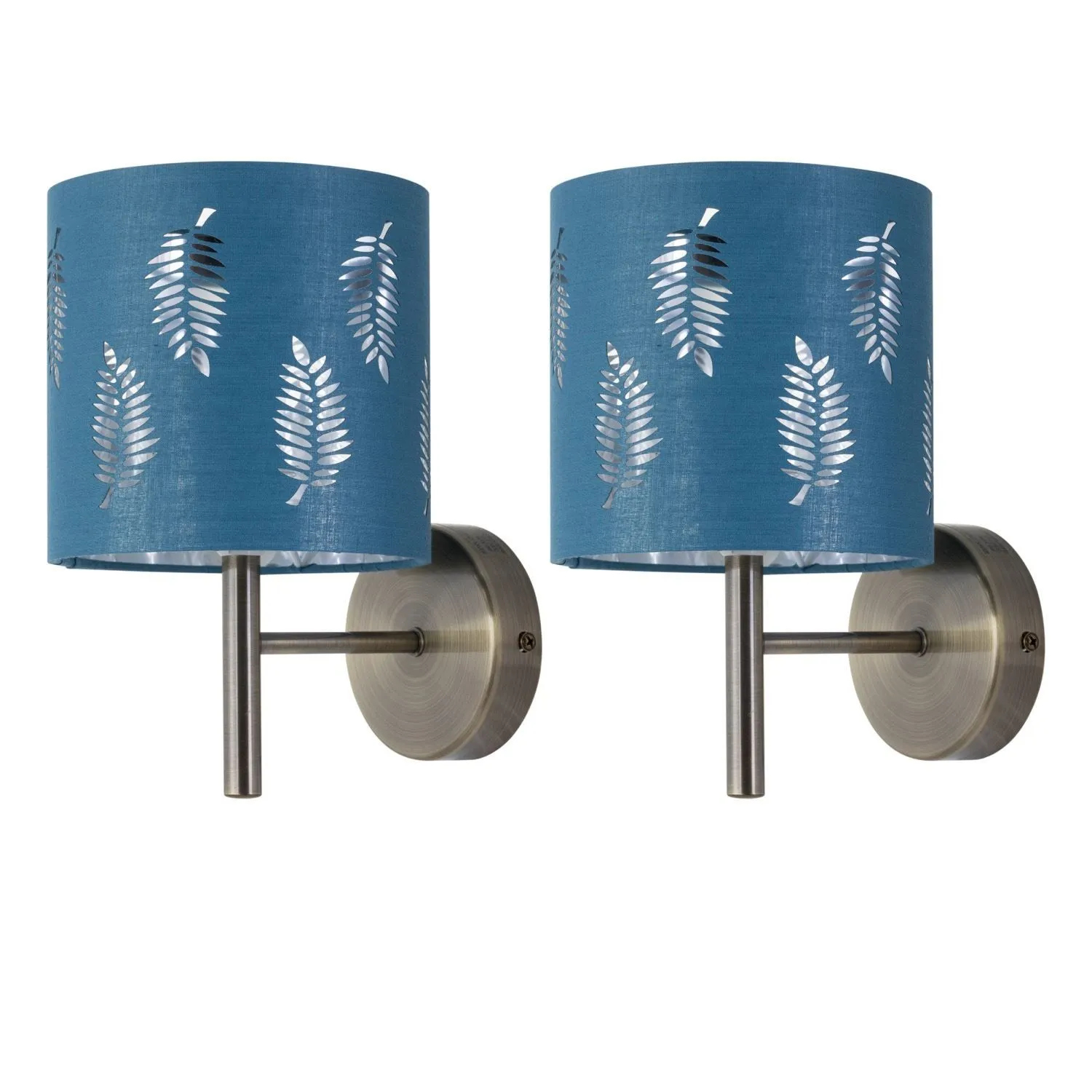 First Choice Lighting Set of 2 Brea - Antique Brass Wall Lights with Teal Fern Shades in Gold