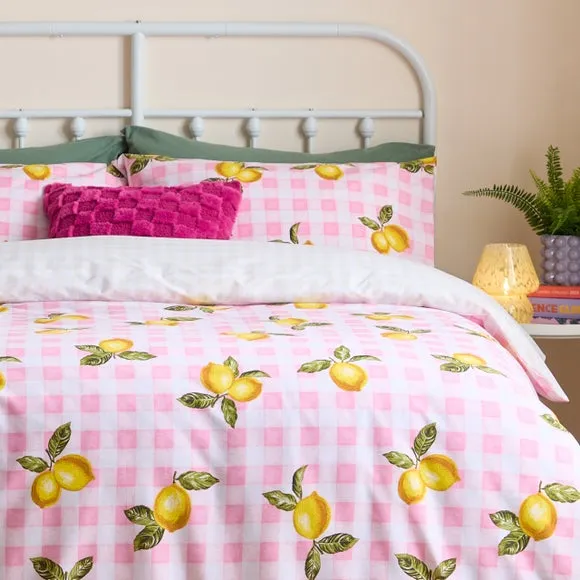 Heya Home Gingham Lemons Polycotton Duvet Cover & Pillowcase Set 3