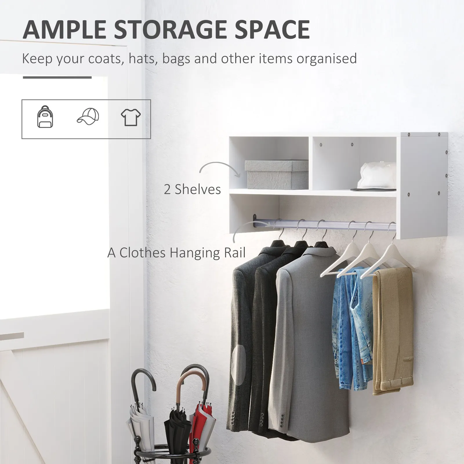 HOMCOM Storage Hat Rack Hanging Coat Organizer Rail Hanger Wall Mounted in White 4