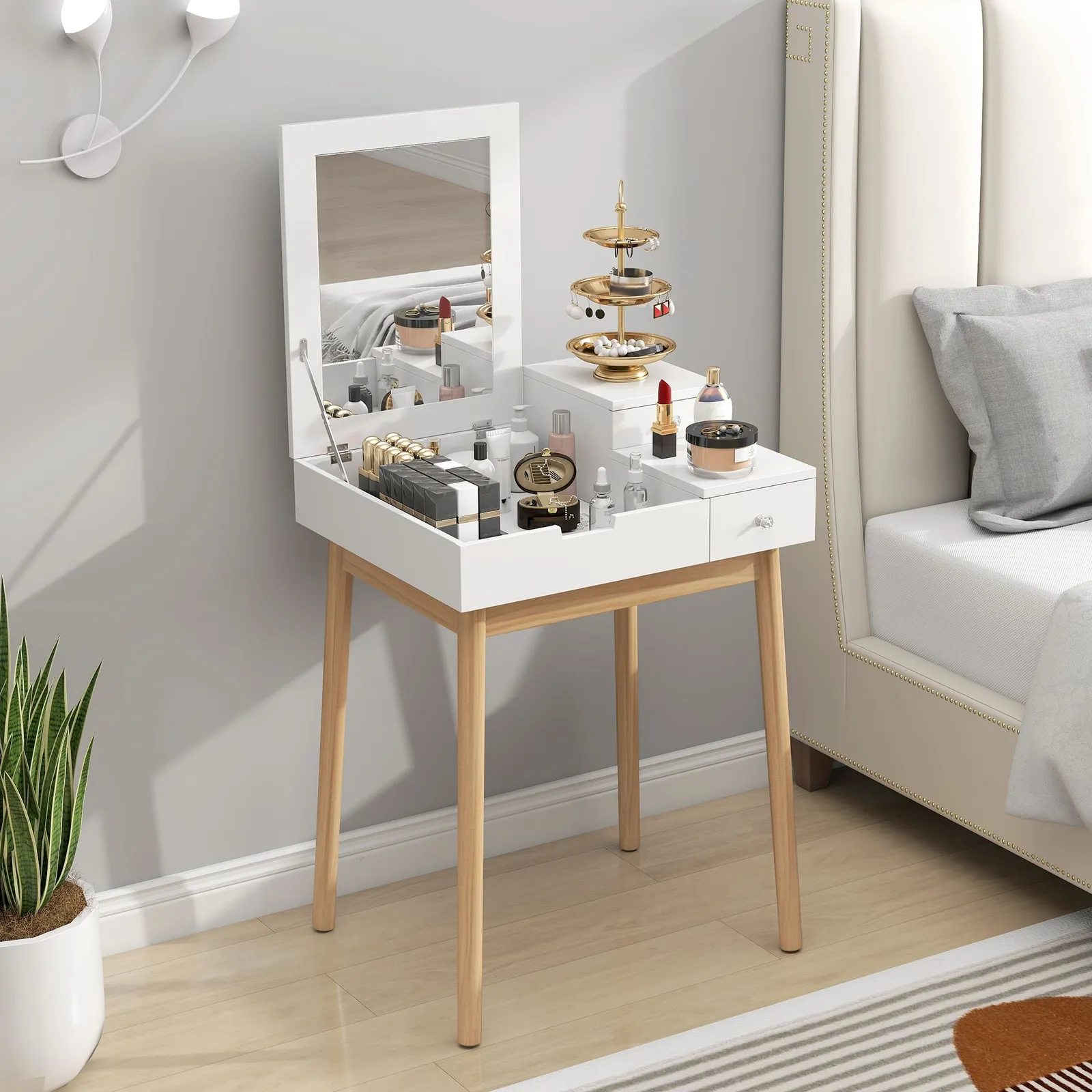 HOMCOM Dressing Table Vanity Desk Flip-up Mirror 2 Drawers in White