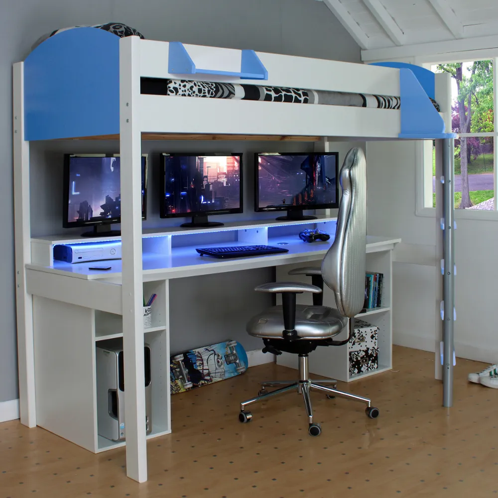 Noah White and Blue Wooden Gaming High Sleeper with Storage Frame Only - EU Single