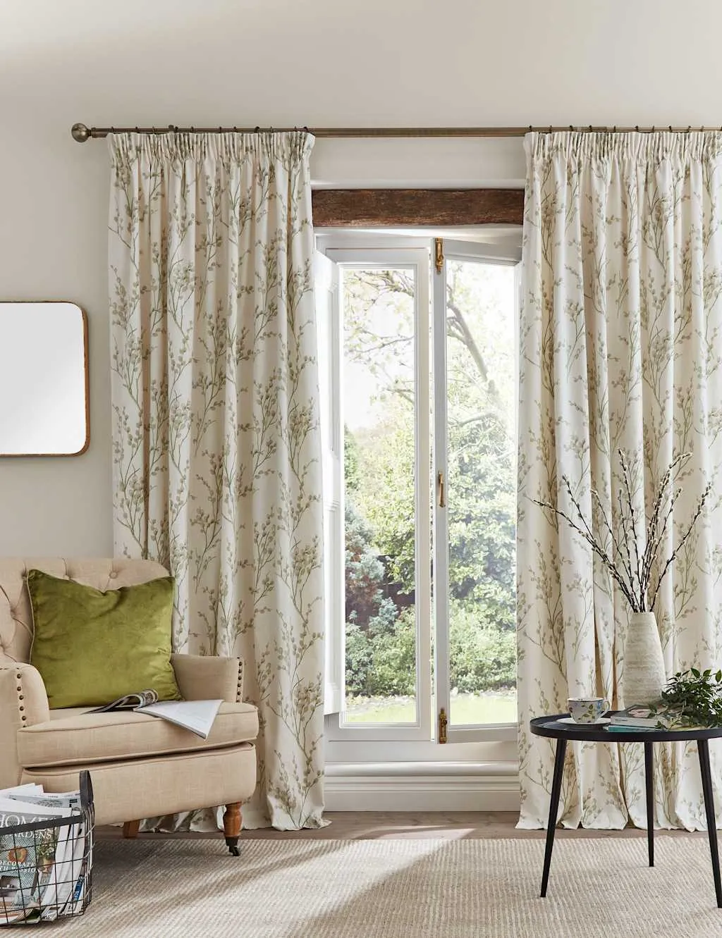 Laura Ashley Pussy Willow Pure Cotton Pencil Pleat Curtains Green Mix