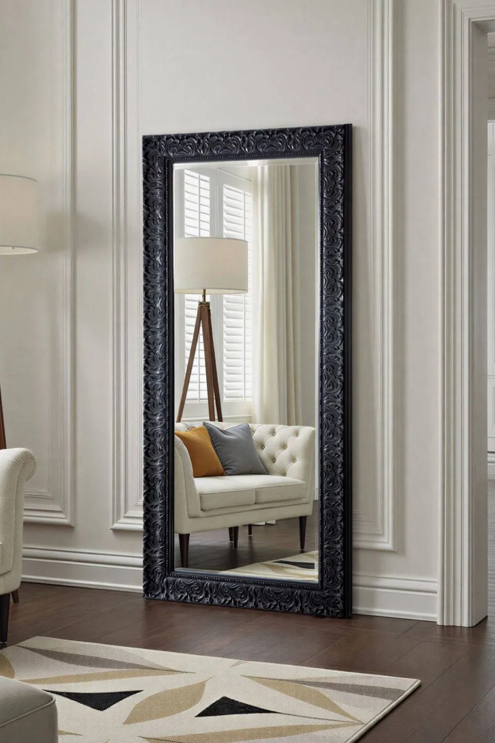Yearn Mirrors Carved Framed Bevelled Full Length Mirror Black 169x77cm