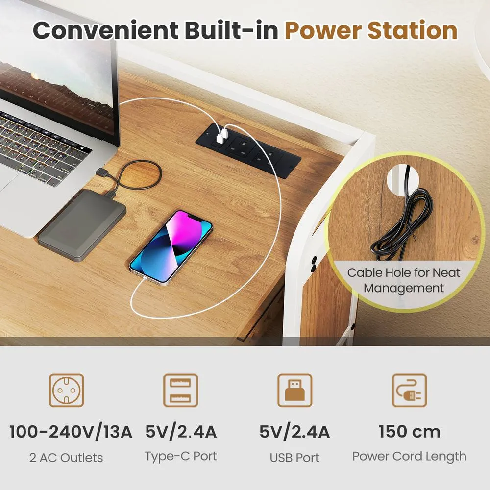 Costway Folding Table w/ Stool 90 cm Computer Desk Set w/ AC Outlets in Natural 4