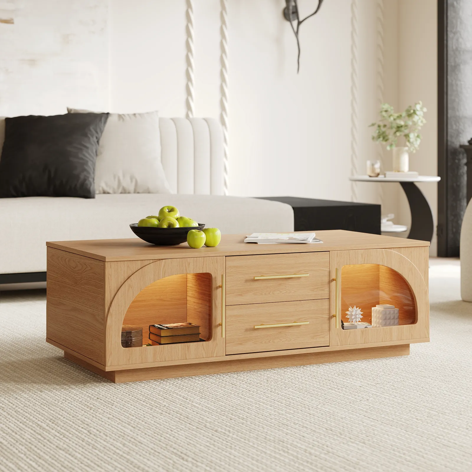Arune Arched Glass Coffee Table Modern Natural Living Room Furniture with Storage and LED Light