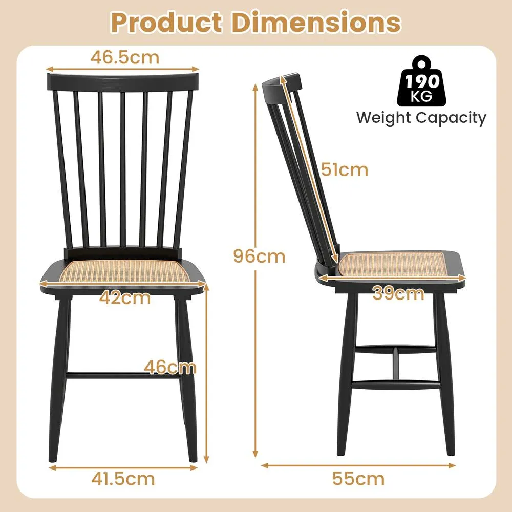 Costway 2PCS Windsor Dining Chair Wooden Chairs w/Spindle Back &PE Rattan Seat in Black 2