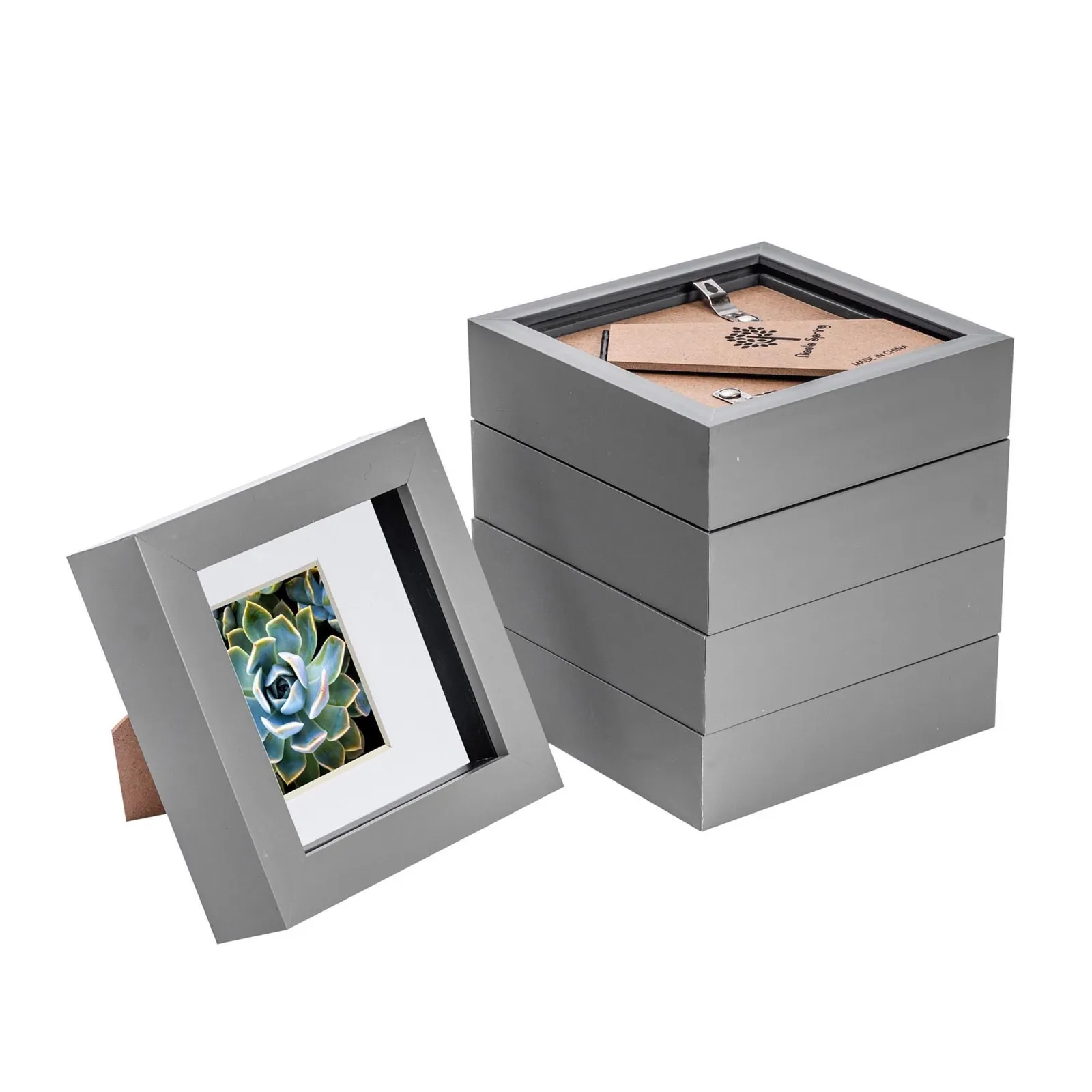 Nicola Spring 3D Box Photo Frames - 4 x 4" with 2 x 2" Mount - Black Mount - Pack of 5 in Grey