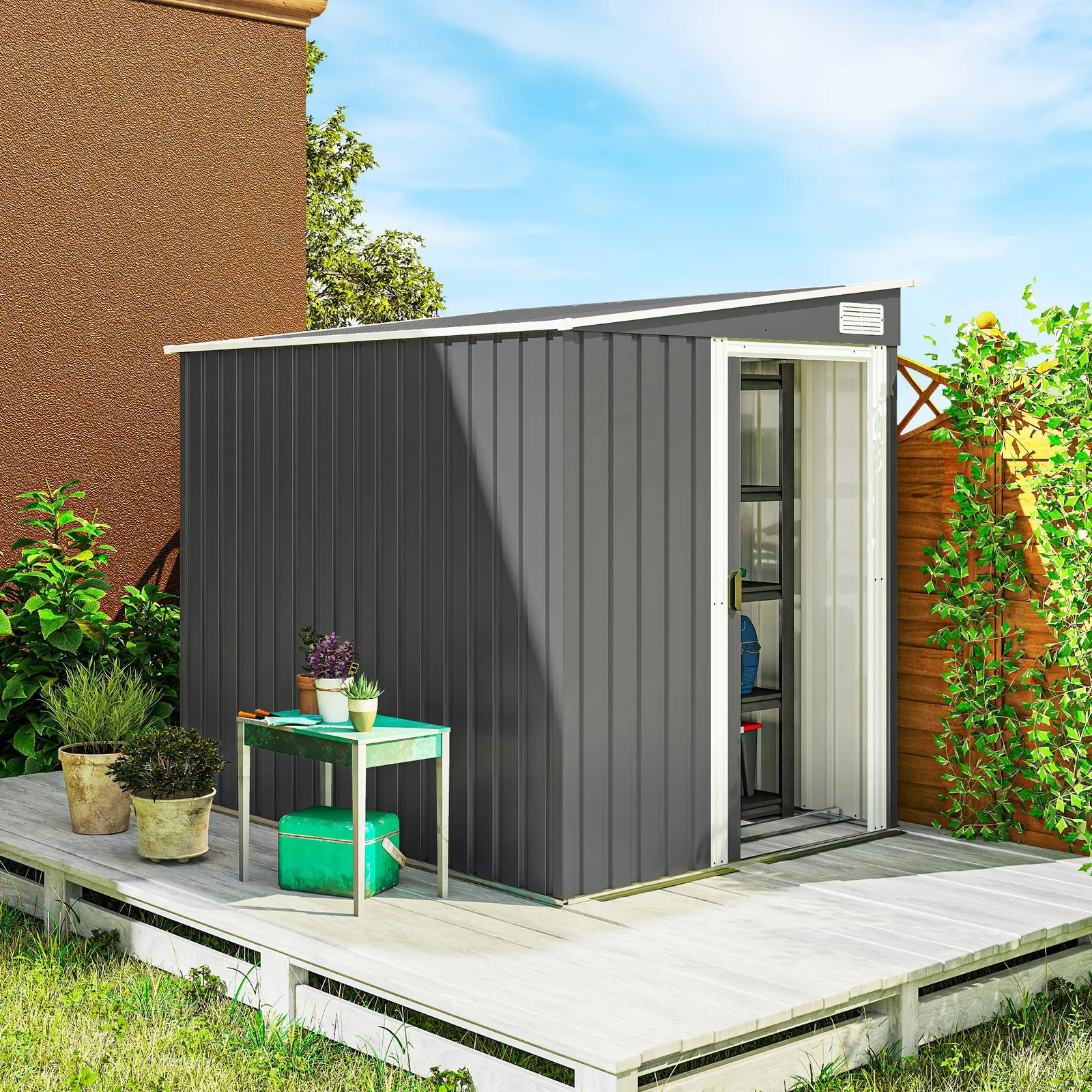 OUTSUNNY 7 x 5FT Garden Shed w/ Foundation Lean to Metal Tool Shed in Dark Grey