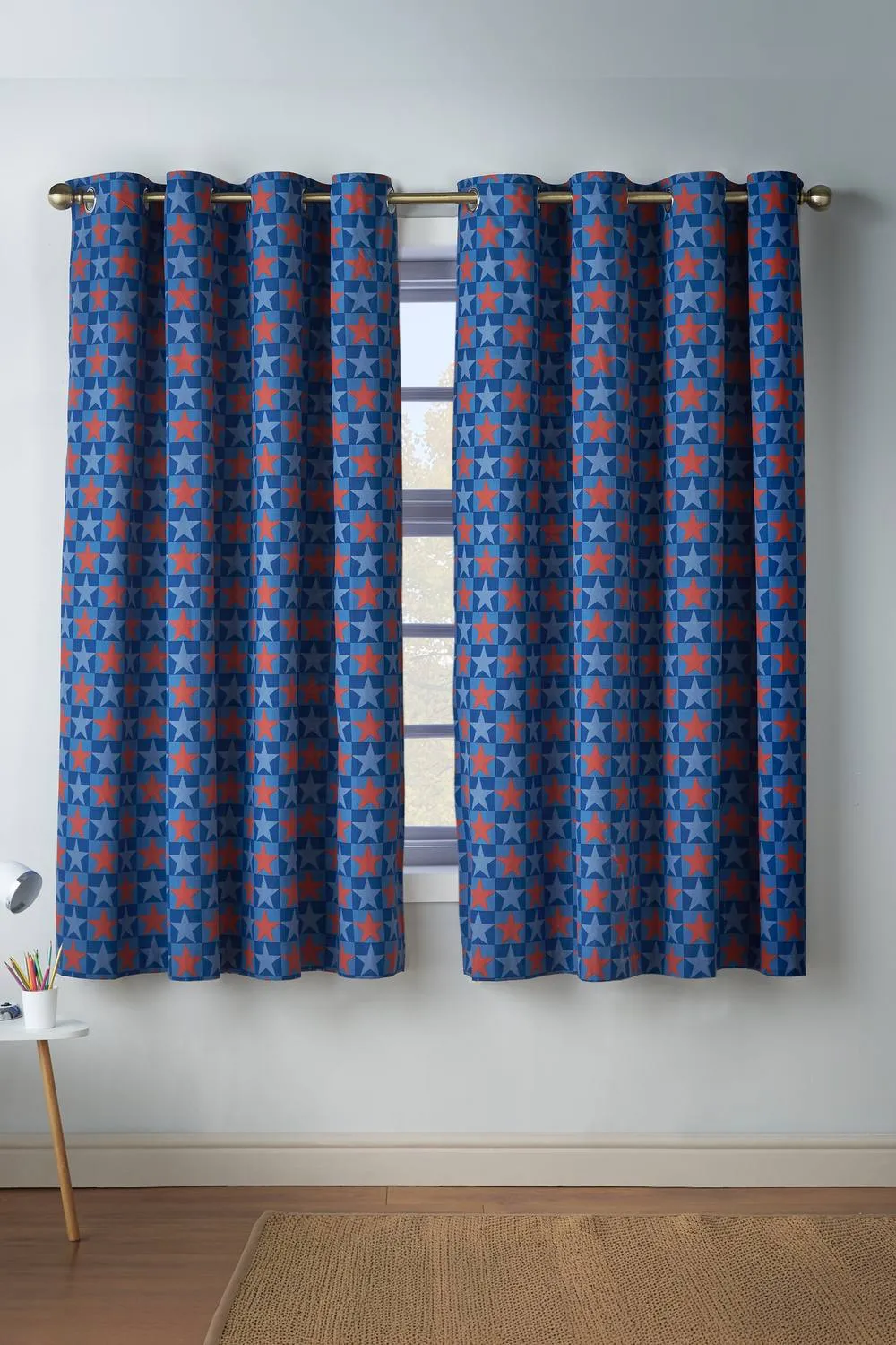 Catherine Lansfield 'Stars & Check' Fully Reversible Eyelet Curtains in Blue 2