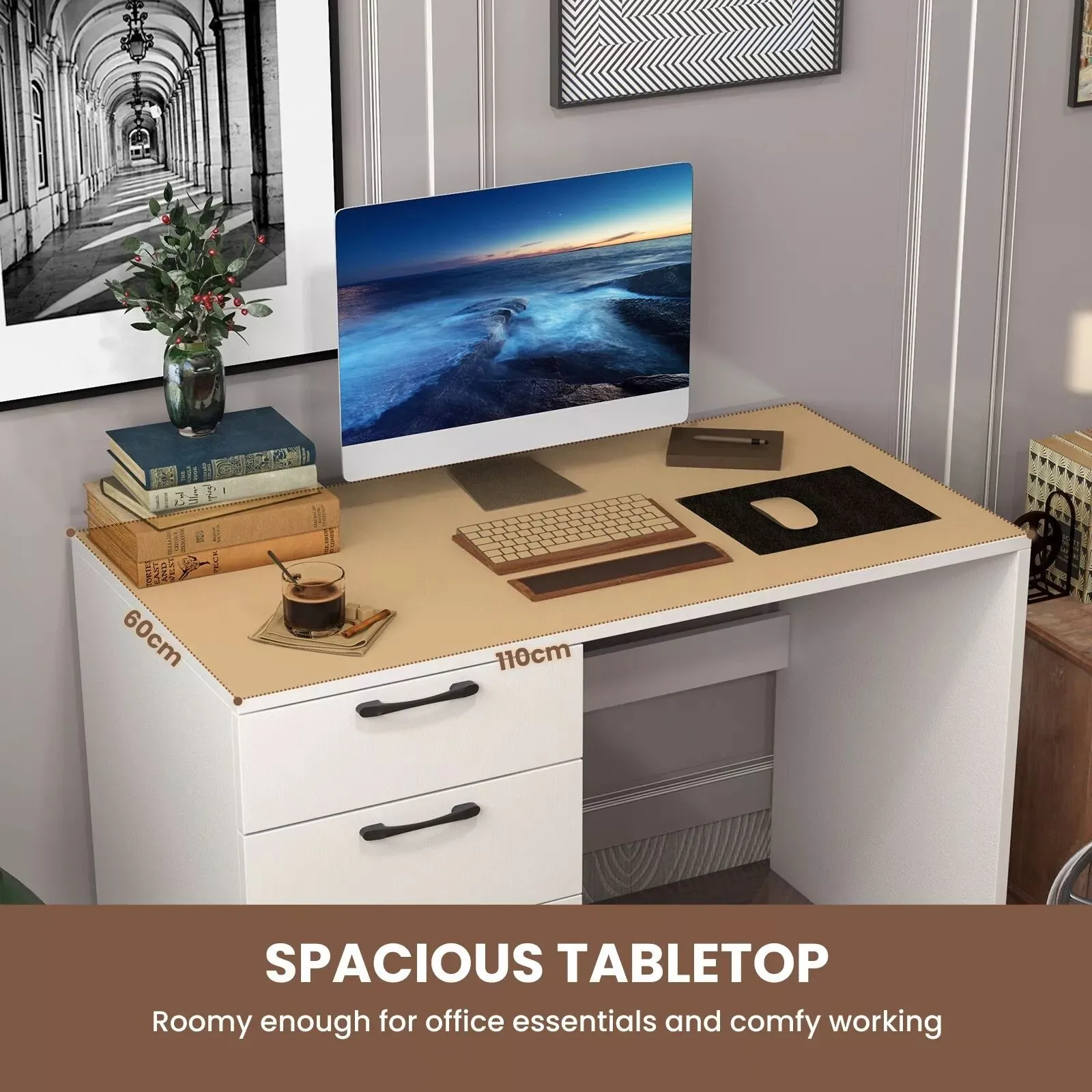 Costway 4 Drawers Computer Desk Modern Writing Desk Compact Laptop PC Table Workstation in White 5