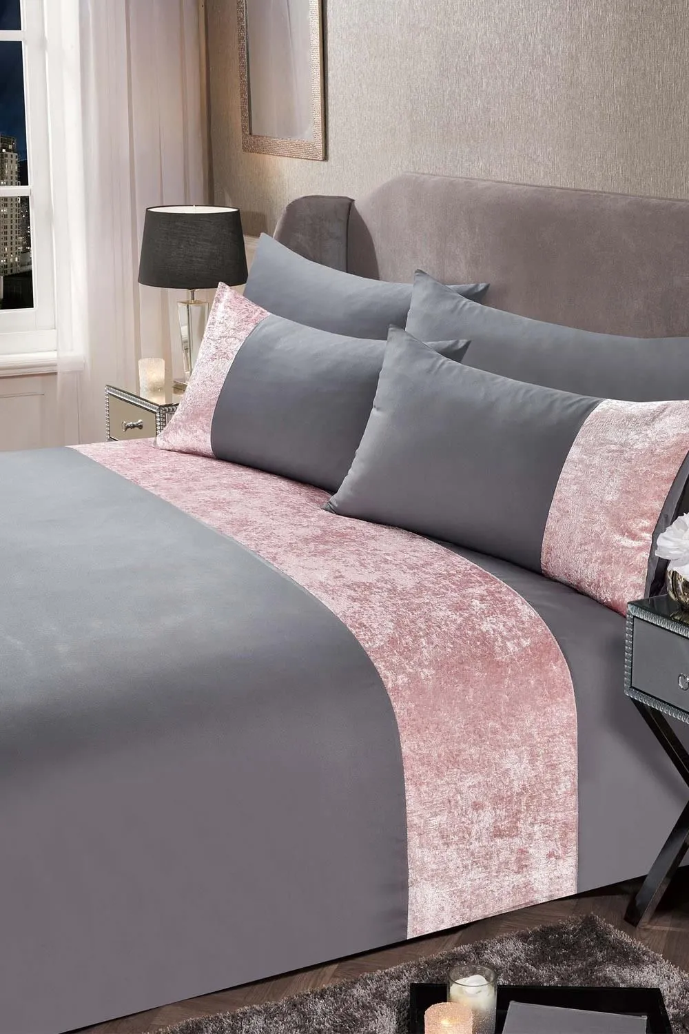 OHS Crushed Velvet Panel Duvet Cover with Pillow Case Set