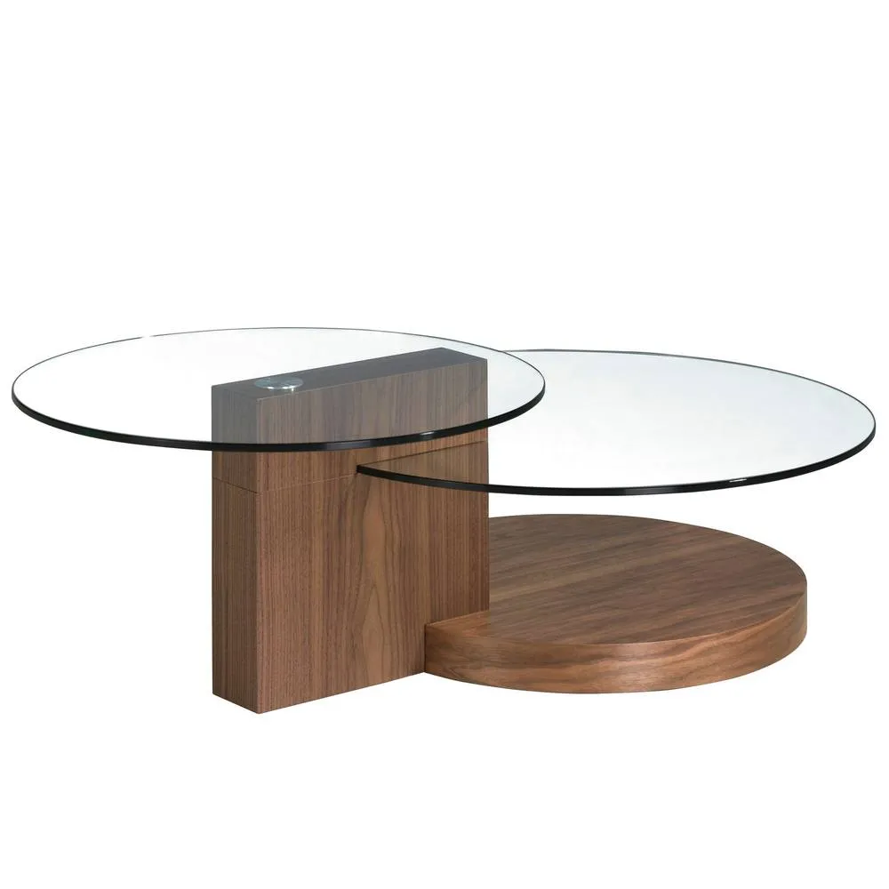Angel Cerda Round Tempered Glass & Walnut-Veneer Coffee Table in Brown