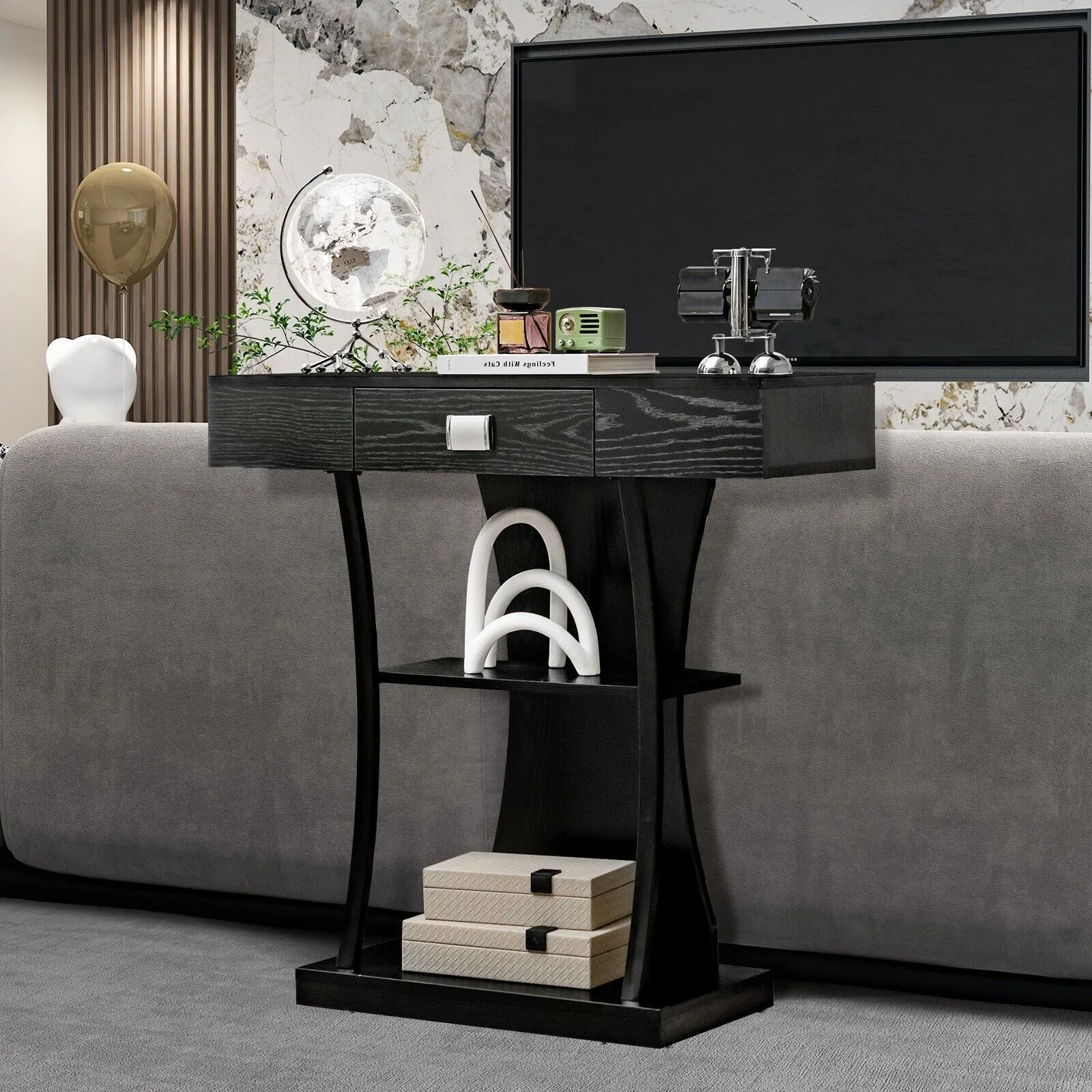 Costway T-Shaped Industrial Console Table Narrow Sofa Side Table Entryway Display Shlves in Black 4