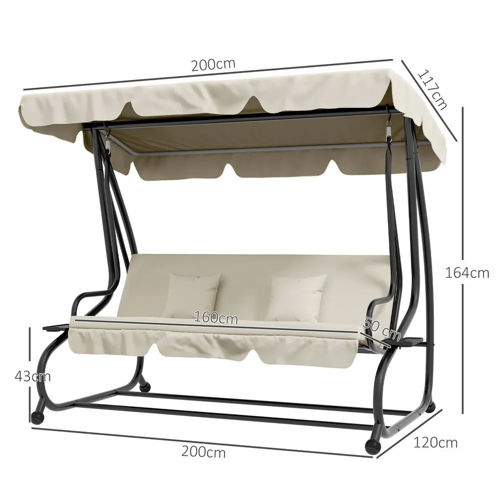 OUTSUNNY 2-in-1 Garden Swing Chair for 3 Person w/ 2 Pillows, Cream in White 3