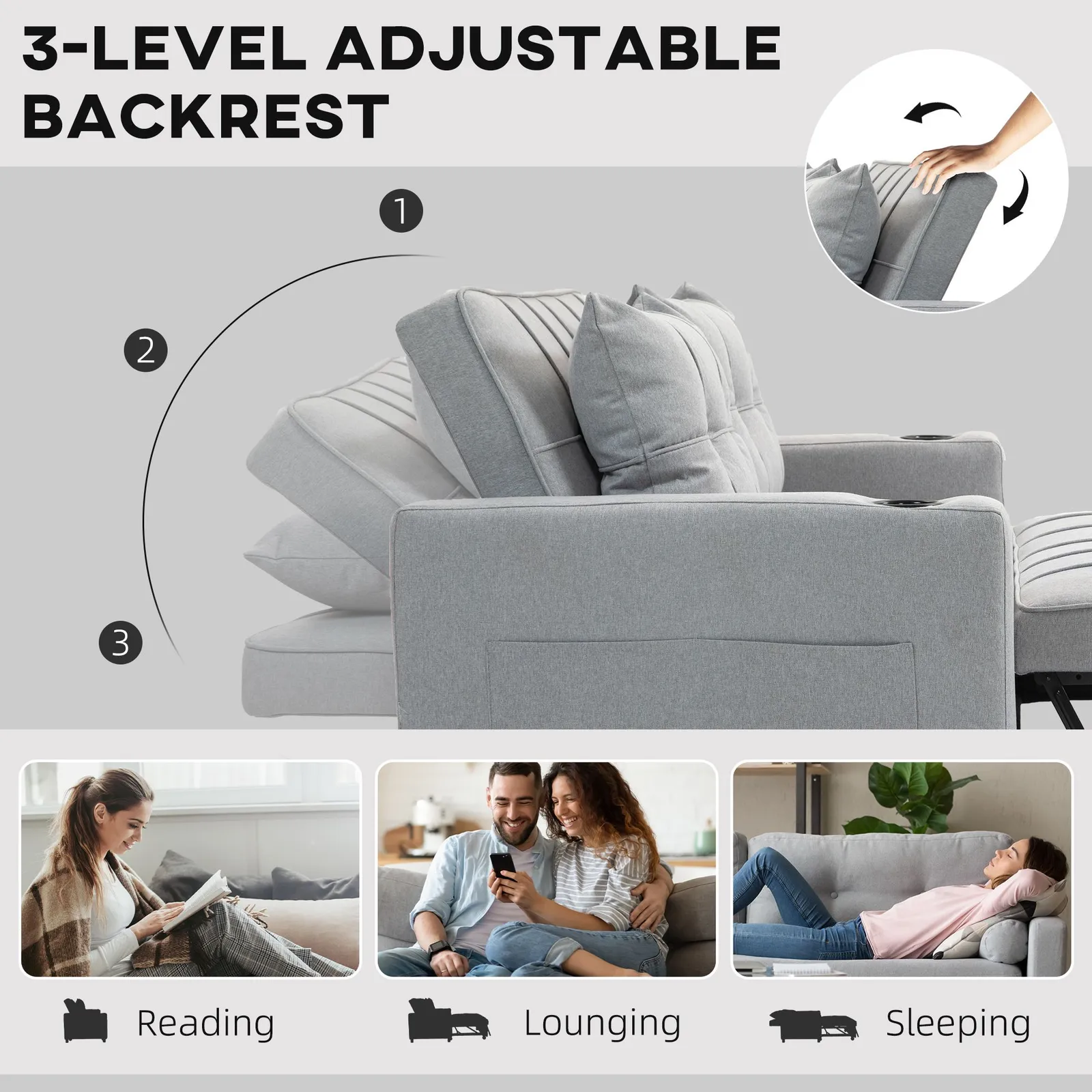 HOMCOM 2 Seater Pull Out Sofa Bed with Pockets for Living Room in Light Grey 5