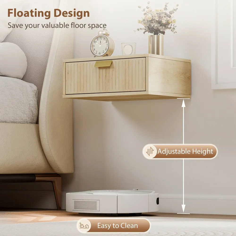 HOMCOM Floating Nightstands Set of 2 Bedside Tables w/ Wave Drawer Oak in Light Oak 4