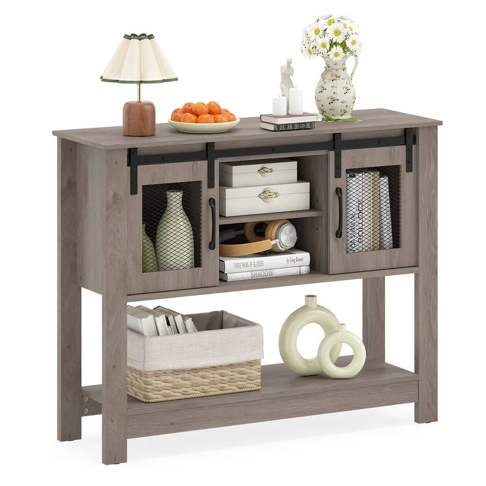 Costway Entryway Table w/ Barn Sliding Doors Console Table w/ Adjustable Shelf in Grey 3