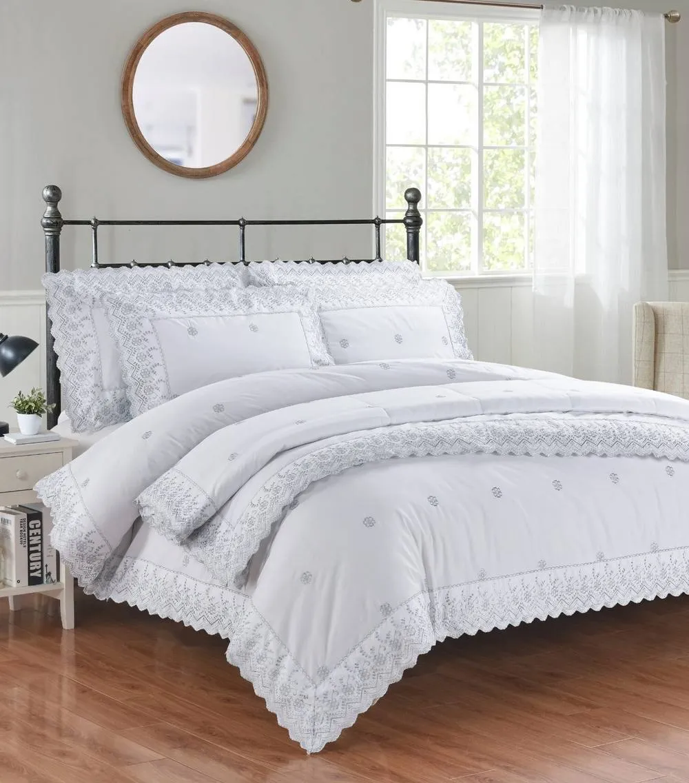 Rapport Home Gabrielle Embroidered Polycotton Floral Duvet Cover Set with Pillowcase in White
