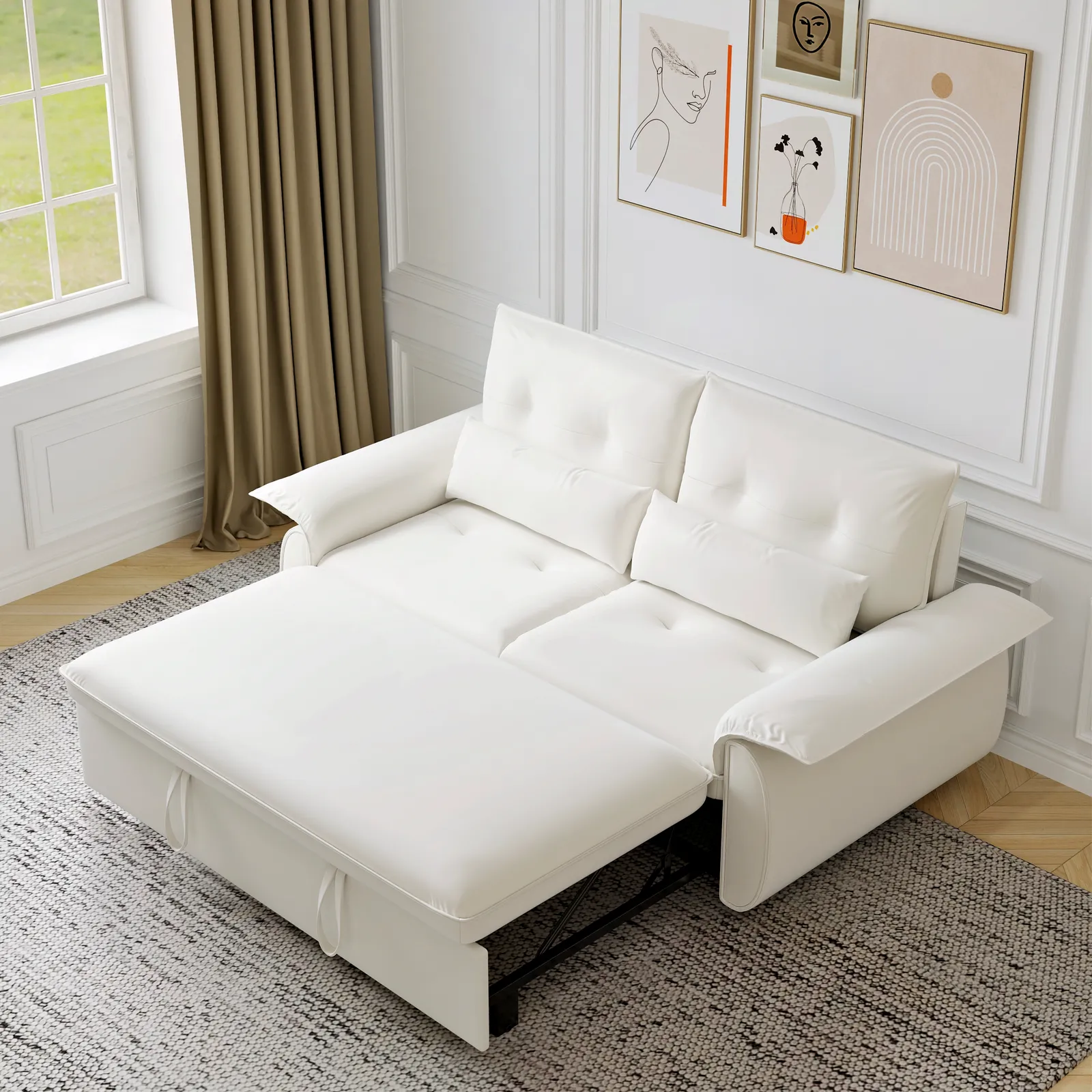 1850mm Faux Leather Pull Out Sleeper Sofa White Sofa Bed