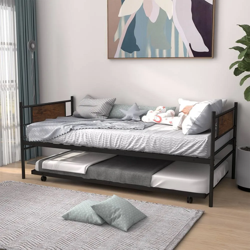 Costway Single Metal Daybed Sofa Bed Dual-use Guest Bed W/ Pull-out Trundle Space Saving in Brown 4