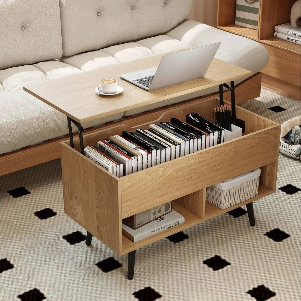 Costway Lift Top Coffee Table Mid Century Accent Shelves-Natural in Natural 4