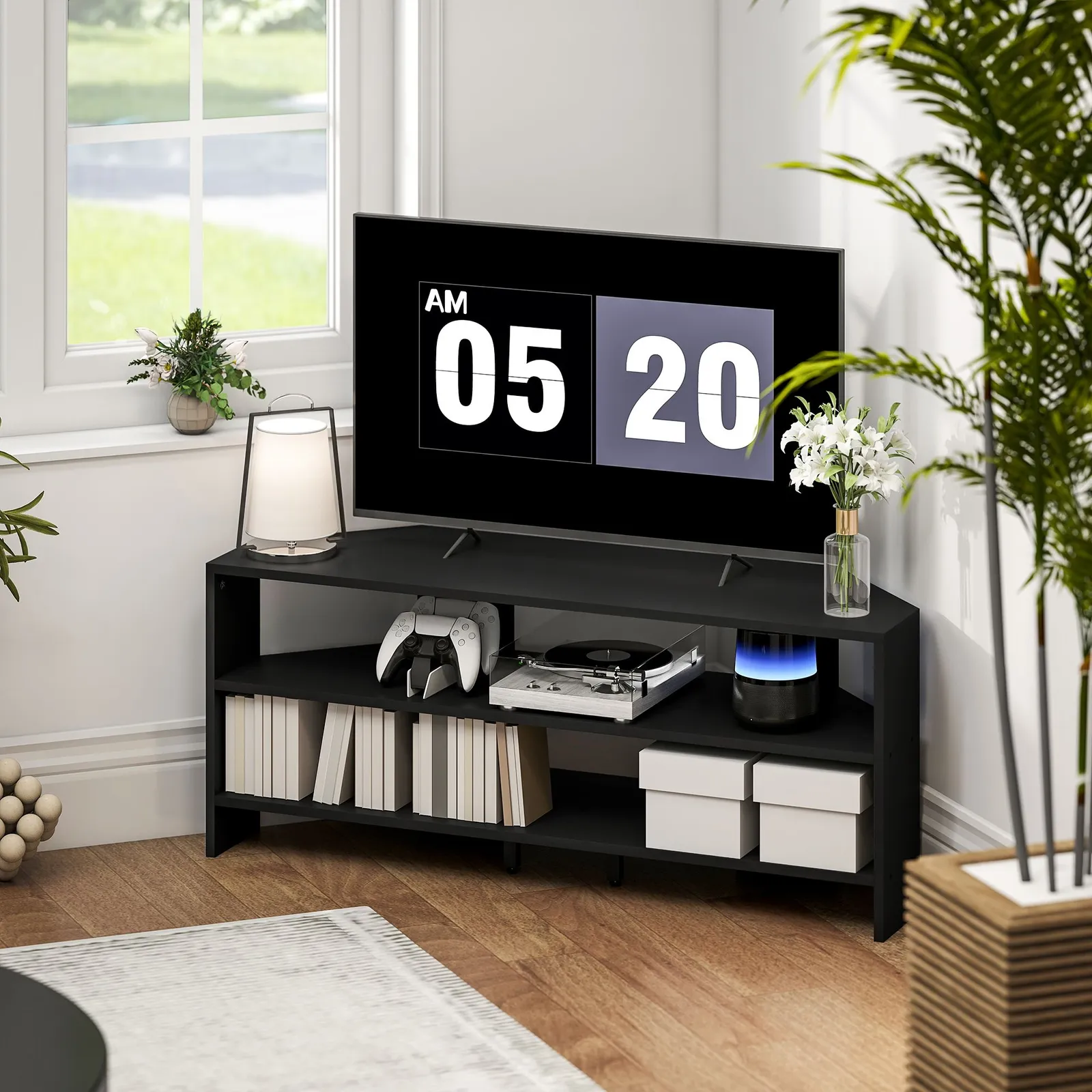 HOMCOM Corner TV Stand, TV Unit with Open Shelves for 47 Inch TV in Black