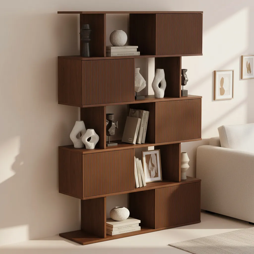 72.8" Walnut Sliding Door Etagere Bookshelf, 5-Shelf Tall Book Shelf, Mid-Century Modern Storage Cabinet with Fluted Doors