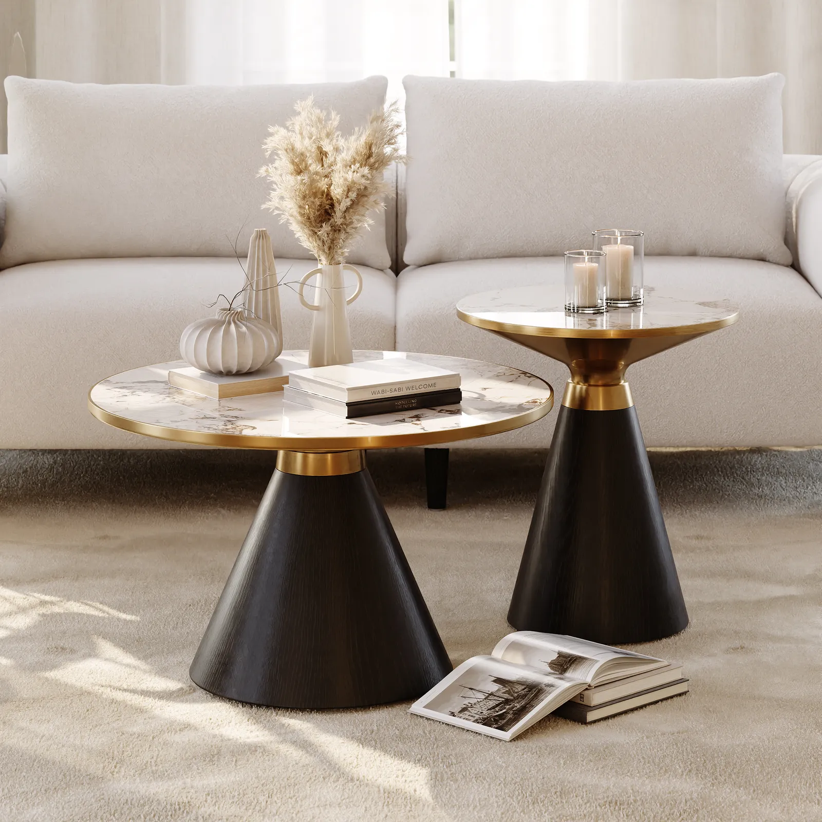 Sintered Stone Round Coffee Table 2 Pieces Set Modern Black Living Room Furniture